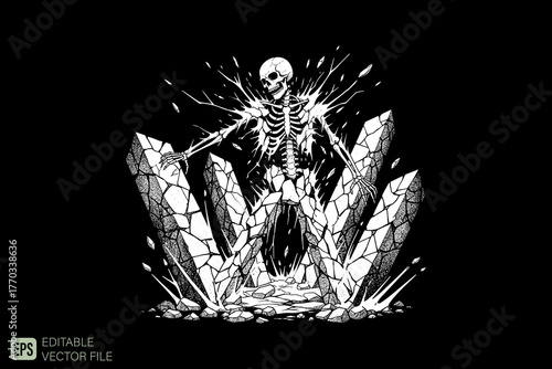 Skeleton emerging from shattered rocks in a powerful, explosive