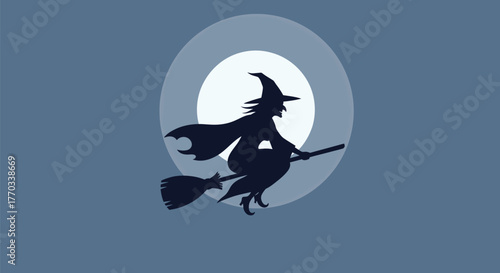 Witch Silhouette Flying on Broomstick Against the Moon Halloween Night Scene