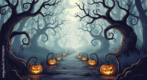 Pixel Art Halloween Night Eerie Forest Path Illuminated by Glowing Jack-o'-Lanterns, a Retro Spooky Landscape Perfect for Festive Designs and Game Backgrounds