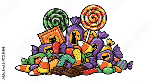 A vibrant and colorful assortment of assorted Halloween candies, featuring lollipops, candy corn, and gummy worms, piled high for a festive celebration