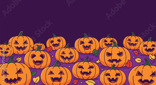 A festive Halloween background featuring a collection of carved jack-o'-lanterns with spooky and funny faces on a purple backdrop, perfect for seasonal designs