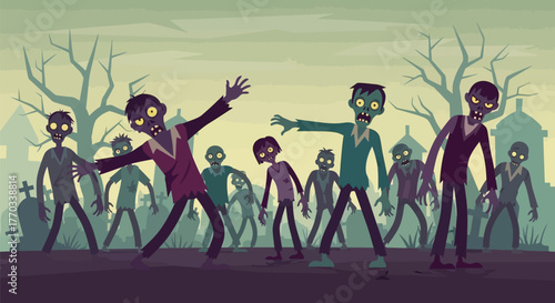 Spooky nighttime illustration of a zombie horde shambling through a desolate graveyard, perfect for Halloween, horror themes, and supernatural event designs