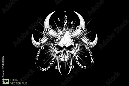 Intricate Skull with Horns and Chains Black and White Illustrati