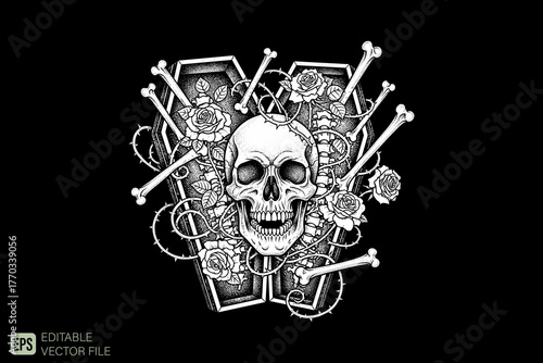 Skull and Coffin with Roses and Bones Macabre Gothic Art.
