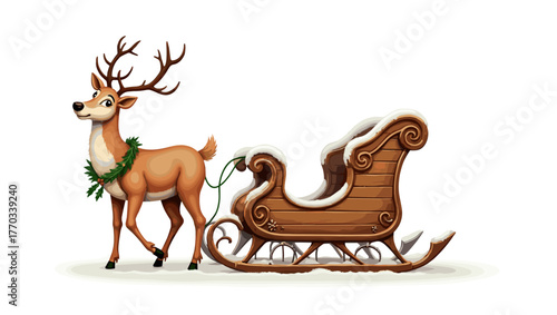 Old sled with snow dust pulled by reindeer wearing festive wreath against white winter background