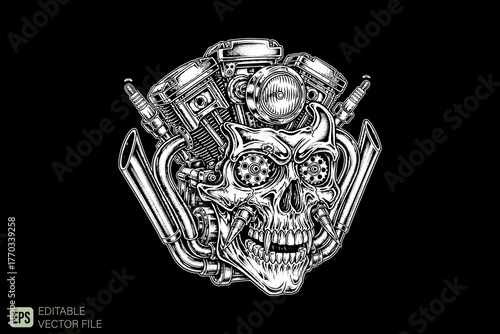 Monochrome Skull with Motorcycle Engine Parts Illustration.