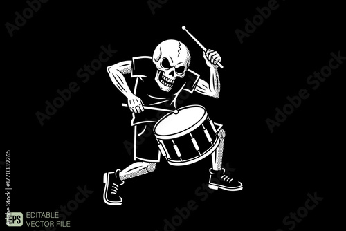 Energetic Skeleton Drummer Playing Snare Drum with Drumsticks.