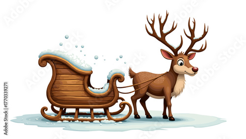 Old sled with snow dust pulled by reindeer with red nose standing on snow white background