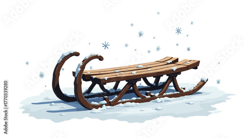 Old sled with snow dust standing alone on snowy ground against white winter background