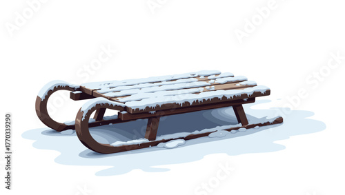 Old sled with snow dust resting alone on icy ground against white winter background minimalistic style