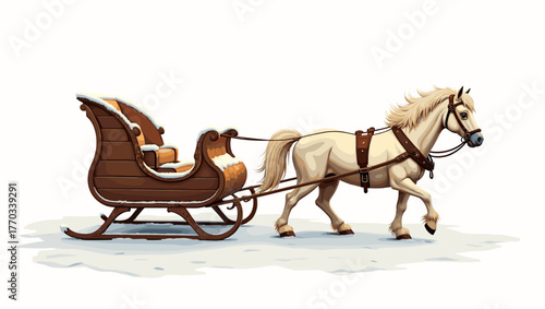 Old sled with snow dust harnessed to beige horse with red sleigh on white snowy ground winter mood