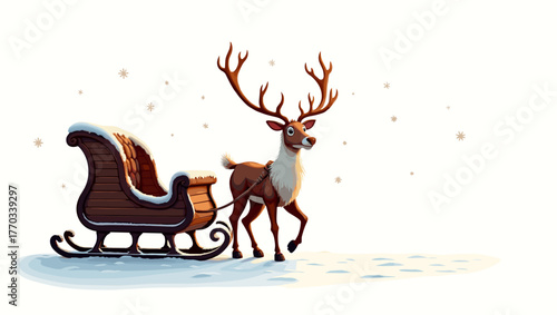 Old sled with snow dust pulled by reindeer standing proudly on snowy background winter concept