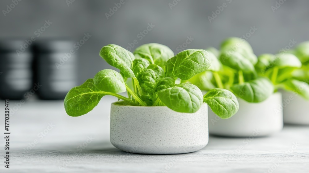 Obraz premium Fresh green spinach plants growing in white pots on a grey surface, representing urban farming and healthy living.