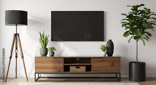 Modern living room with entertainment center and plants