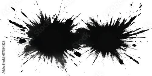 Two black ink splatter bursts grunge style vector illustration isolated on white background for artistic design elements