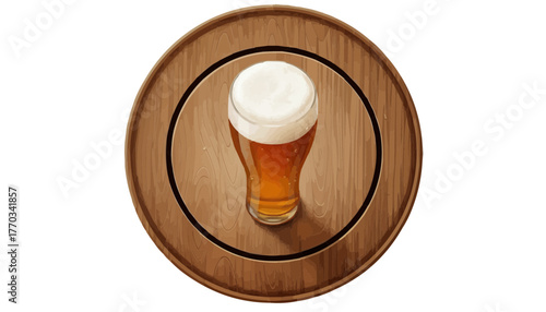 Refreshing pint of golden ale on rustic wooden barrel coaster for brewery branding