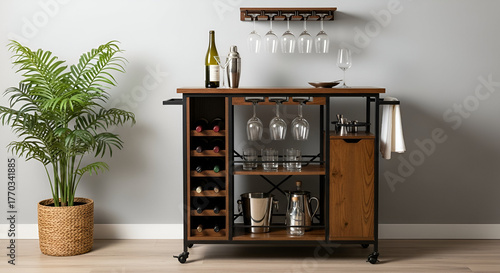 Wooden Bar Cart with Wine Bottles Glasses and Shaker