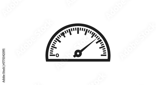 A simple black and white silhouette of a speedometer or gauge with a needle pointing towards the right side indicating speed or measurement silhouette