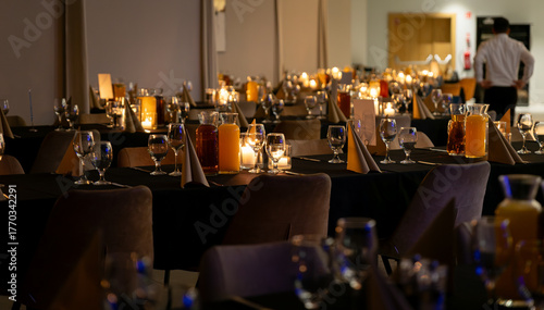 Table in a hotel restaurant filled with drinks during a corporate event