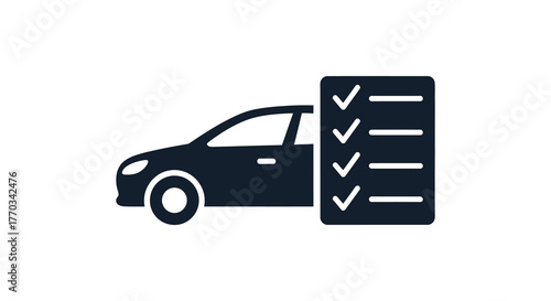 Side view silhouette of a car next to a checklist with several completed items silhouette