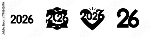 This image shows four different stylized designs for the year 2026, rendered in black against a white background. Each design presents a unique artistic interpretation of the numerals.