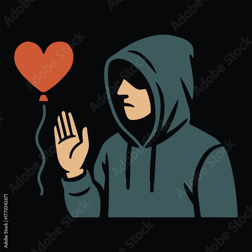 Sad Hooded Boy Letting Go of Heart Balloon Symbolizing Breakup and Emotional Goodbye
