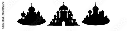 silhouette illustrations of three unique eastern european style churches against a transparent background