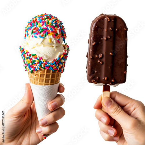 Two hands holding ice cream treats. One hand holds a cone with vanilla ice cream topped with colorful sprinkles. The other hand holds a chocolate-covered ice cream bar.