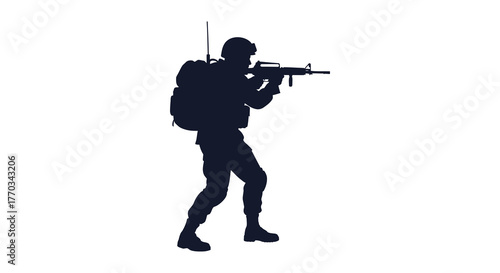A lone soldier in silhouette holding a rifle and wearing a backpack in a defensive stance silhouette