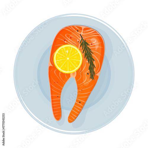 Salmon steak on plate with lemon and rosemary