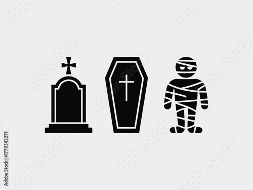 Halloween icon set with tombstone coffin and mummy simple flat vector design for holiday themes isolated on white background