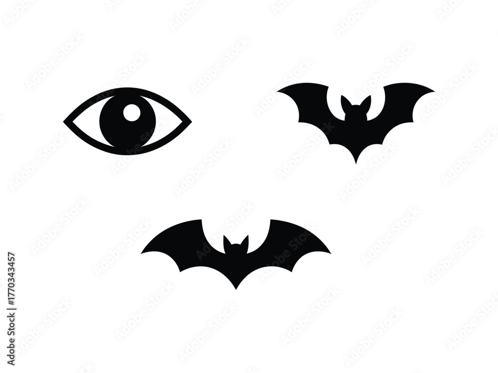 Naklejka premium Eye and bat icons simple flat vector design elements isolated on white background for Halloween or surveillance concepts