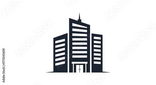 Modern office building with multiple floors and windows depicted in a stark black silhouette against a white background