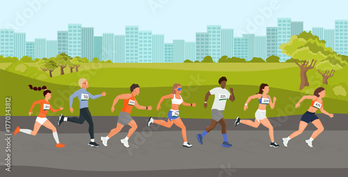 Group of diverse athletes running a city marathon race