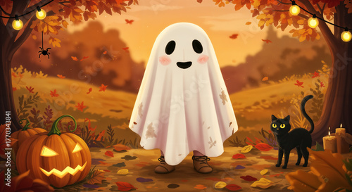 halloween pumpkin and cute ghost in a autumn environment, halloween illustration, generative ai