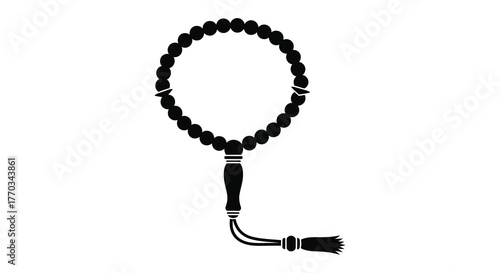 A black silhouette of islamic prayer beads or tasbih with a tassel on a white background