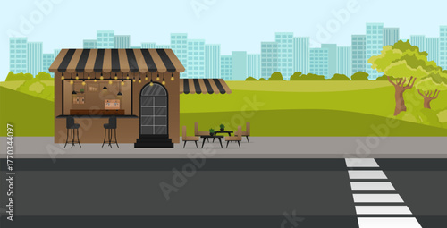 Outdoor cafe bar with tables in urban park