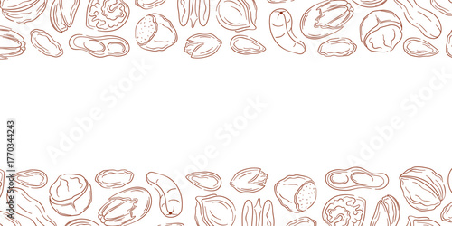 Border frame with nut, almond, cashew, peanut, walnut, hazelnut and pecan in line art style. Design for grocery store wallpaper and card.
