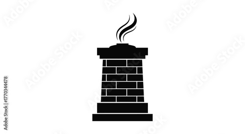 Black silhouette of a brick chimney with smoke rising from the top against a white background