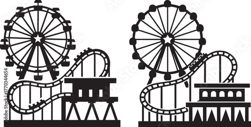 Amusement park rides ferris wheel and roller coaster silhouette