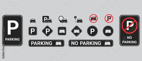 Parking & Car Park Icon Set – Vehicle & Street Sign Vector Illustrations