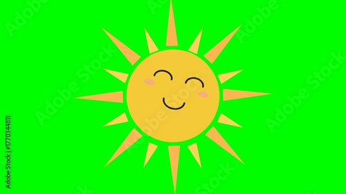 2D animated cartoon of a cute sun icon with a smile isolated on a green screen with chroma key. 4K resolution.