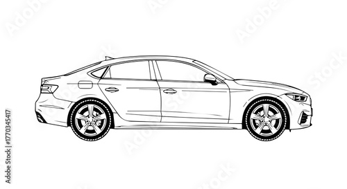 Sleek Modern Sedan Side View in Detailed Black and White Line Drawing