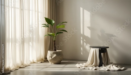 Soft afternoon light filtering through sheer curtains onto a minimalist corner with a single artificial monstera in a rough stone planter, beside a charcoal side table and folded linen drape on concre