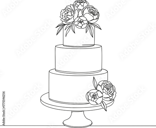 Three-tier wedding cake design with floral decorations in line vector style, transparent background  