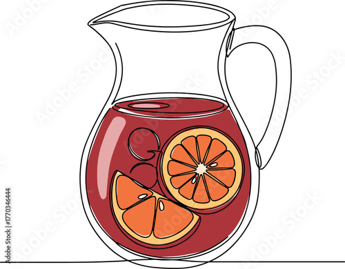 Refreshing fruit beverage pitcher with orange slices on white background  