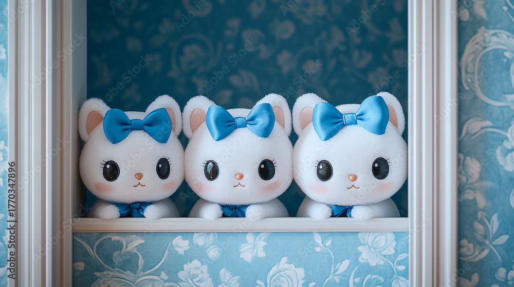 Obraz premium Three adorable white kitten toys with blue bows sitting on a shelf
