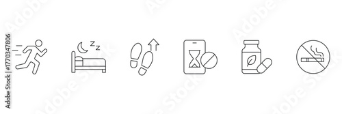 Healthy Lifestyle line icon set. Wellness and fitness related line icons. Exercise, sleep, hydration, nutrition, healthy and habits. Vector illustration.