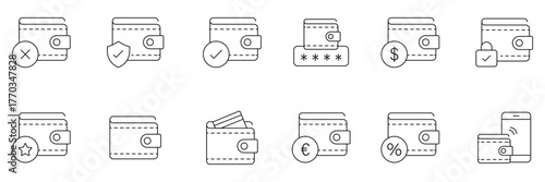 Wallet line icon set. A collection of linear icons representing wallet concepts, including cash, credit cards, digital wallet, money, security, payment, mobile wallet and more. Vector illustration.