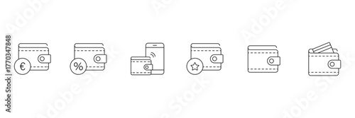 Wallet web line icons. A collection of linear icons representing wallet concepts, credit cards, digital wallet, payment, mobile wallet and more. Vector illustration.